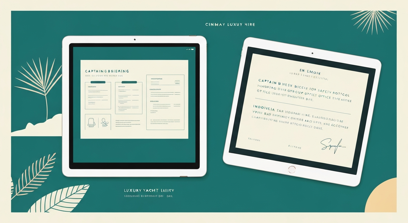 Two white tablets displaying luxury yacht hire documents