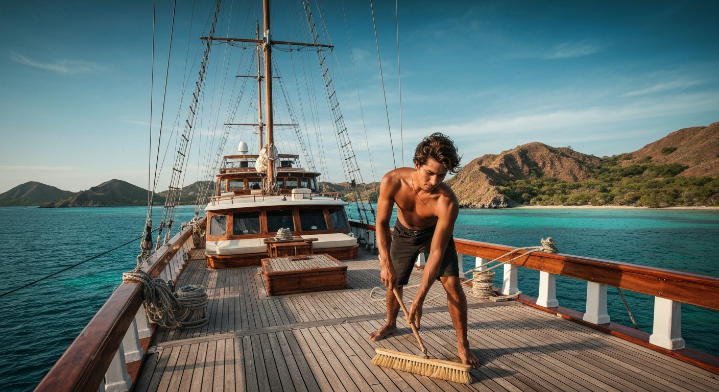 A shirtless man sweeps the wooden deck of
